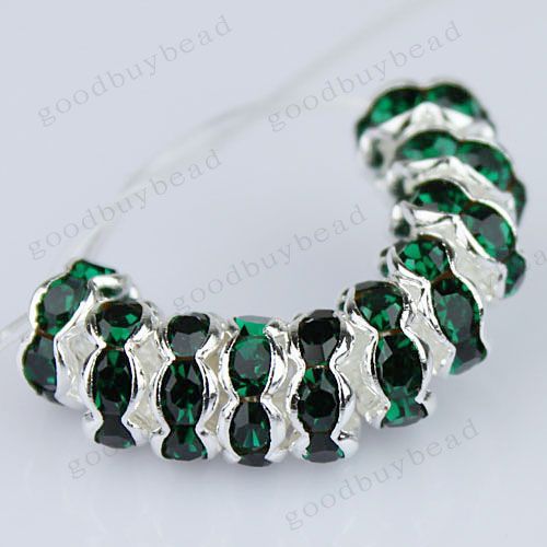 100X WHOLESALE DEEP GREEN CRYSTAL SILVER SPACER BEADS  