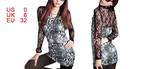 Snake Print Black Lace Long Sleeve Tunic Shirt XS for Women  