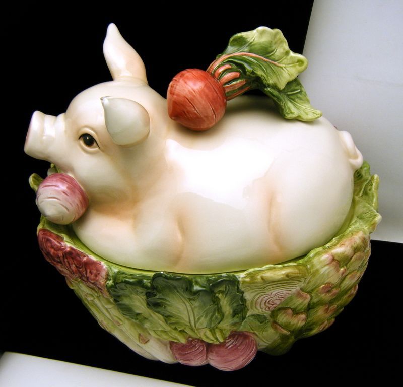 Fitz & Floyd Covered Bowl French Market Pig Adorable  