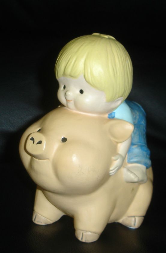 RARE CUTE PIGGY BACK RIDE BANK WITH BOY RIDING A PIGLET  