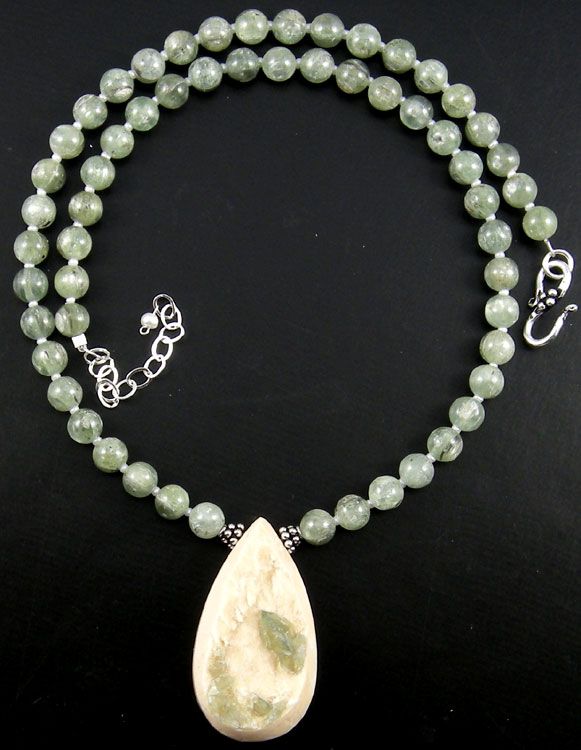 RARE GREEN PREHNITE DRUZY PENDANT KYANITE NECKLACE  