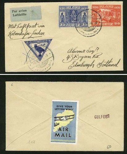 Iceland 1930 airmail to UK, good franking + label  