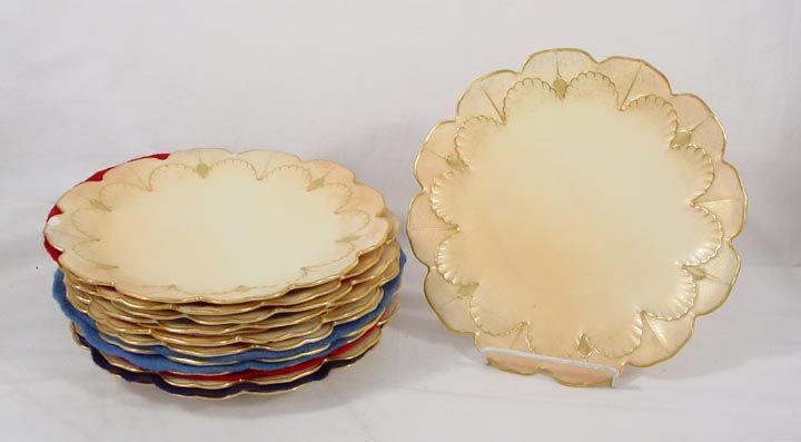 11 PRETTY ROYAL WORCESTER GILT PORCELAIN FLORAL PLATES 1889  