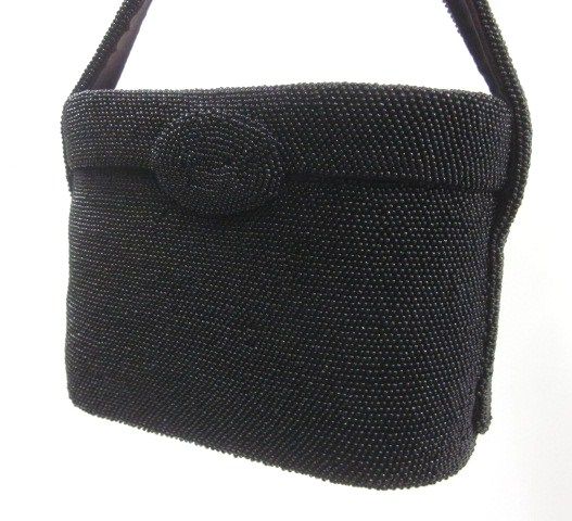 DESIGNER Black Beaded Bucket Baguette Evening Handbag  