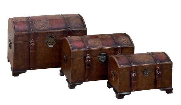 Antique Classic Brown Leather Wood Treasure Chest Trunk  