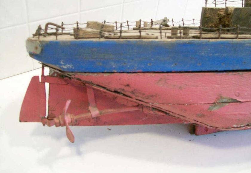 Folk Art Old Solid Log Boat Blue And Red Nail Railings  