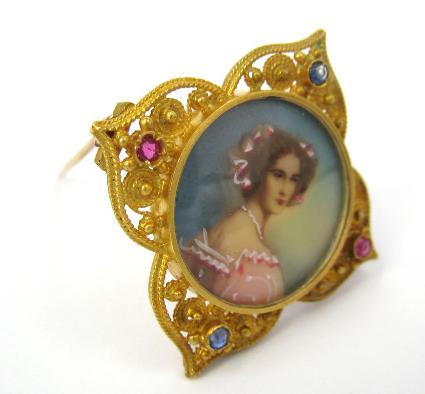 Art Nouveau 0.32ct Pink & Blue Sapphire Painted 14K Yellow Gold Brooch 