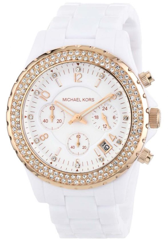 MICHAEL KORS WHITE ACRYLIC,ROSE GOLD,CRYSTALS+CHRONOGRAPH WATCH MK5379 