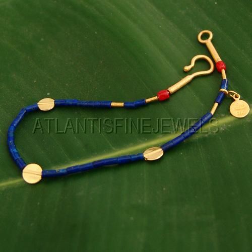 24K SOLID YELLOW GOLD SINGLE STRAND LAPIS & CORAL BRACELET FINE 