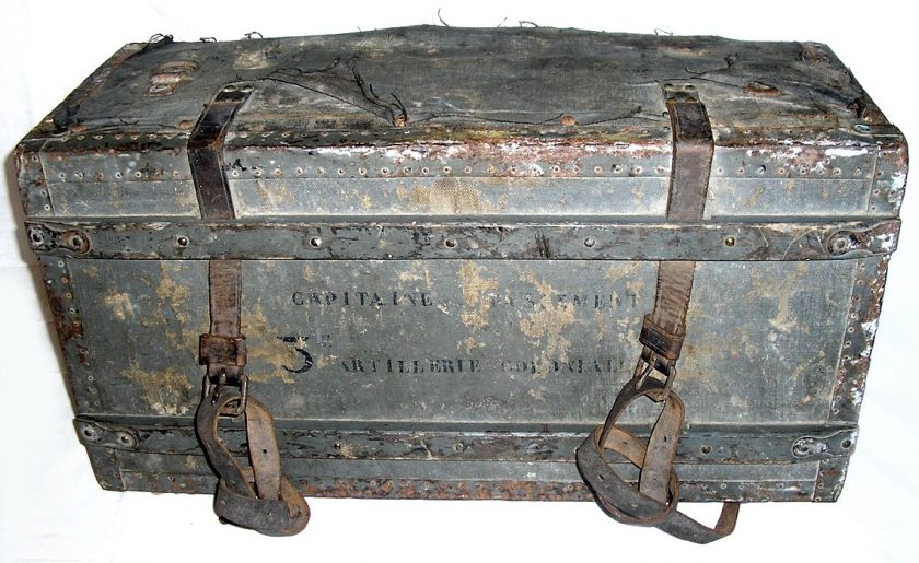 FRENCH ARMY TRUNK CAPTAIN 3rd COLONIAL ARTILLERY PEWTER LINED CANVAS 