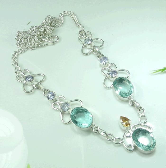 BLUE TOPAZ+CITRINE+AMETHYST SILVER NECKLACE 20 1/4; A2226  