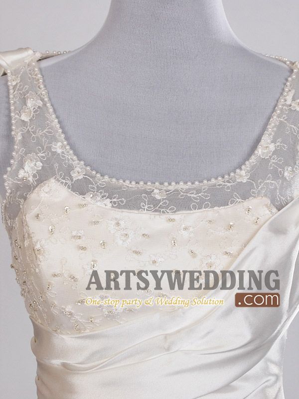 Beaded Lace Ruffled Column Satin Wedding Dress Size 2 4 6 8 10 12 14 