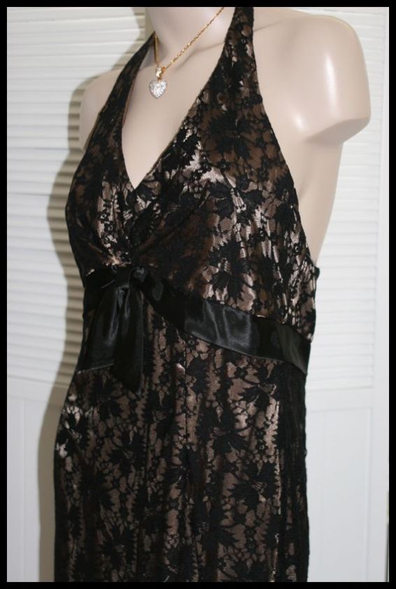 style halter dress, black lace over tan satin lining, empire waistline 