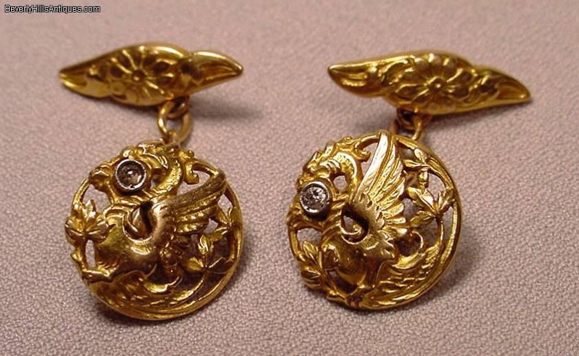 Antique Griffin Diamond 18K Gold Cufflinks  