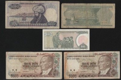 Turkish bank notes of different Lira values. For condition please 