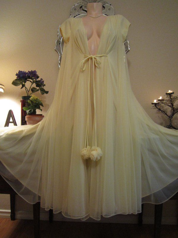 Vintage Lucie Ann Robe Peignoir or Gown Nightgown RARE Pom Pom Chiffon 