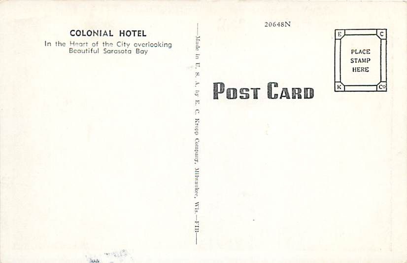 FL SARASOTA COLONIAL HOTEL TOWN VIEW EARLY T92765  