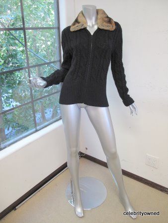 TSE Black Cashmere Brown Fur Collar Sweater M  