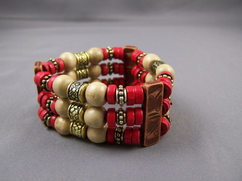 Wood beaded triple strand stretch bead tribal bracelet  