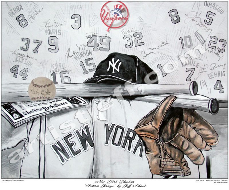 NY YANKEE RETIRED JERSEYS Tribute BABE, MANTLE, PRINT  