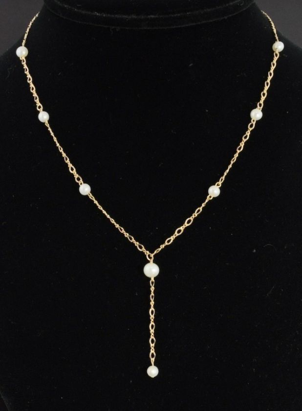   Vintage 14K Gold Freshwater Pearl Lariat Y Chain Tin Cup Drop Necklace