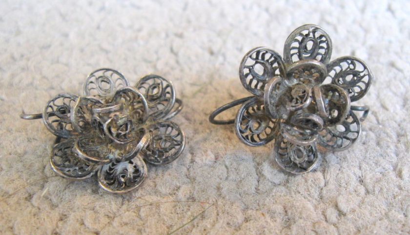 Antique Balkan silver filigree earrings  