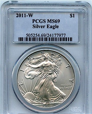 2011 W $1 Uncirculated Silver Eagle, PCGS MS69, Blue Label, Burnished 