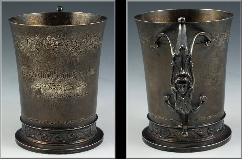 19thC Gorham Coin Silver Mug w/ Bright Cut Designs & Figural Handle 