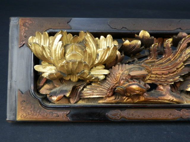 JAPANESE VINTAGE WOOD BUDDHIST LACQUERED TEMPLE SHRINE CARVED RANMA 