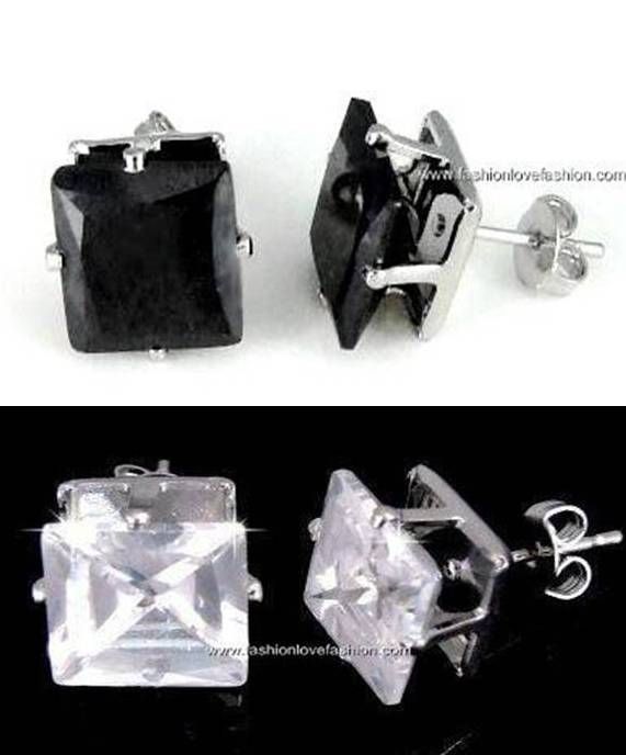 PAIRS PIERCED CZ CLEAR+BLACK SQUARE STUD EARRINGS  