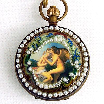 Vintage Copper Pearl Image Mehcanical Pocket Watch FOB  