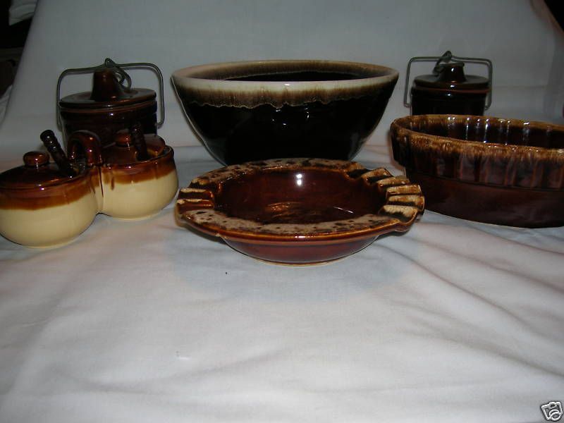 Lot of 6 brownware items   bowl, crock, planter, etc.  