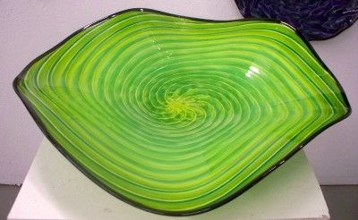 HAND BLOWN GLASS ART WALL PLATTER BOWL APPLE GREEN SWIRL #2379 ONEIL 