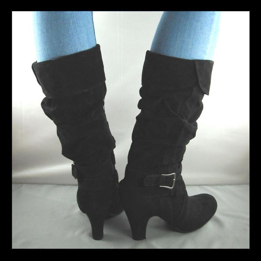 NEW BLACK CHUNKY HIGH HEEL SLOUCH BOOTS  