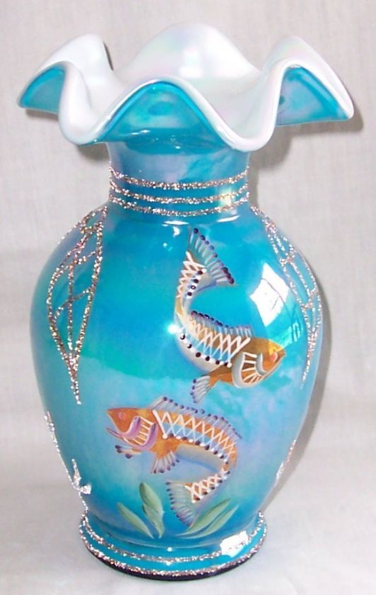 FENTON DESIGNER SHOWCASE LE HP FISH SEAHORSE OVERLAY TURQUOISE 8.5 