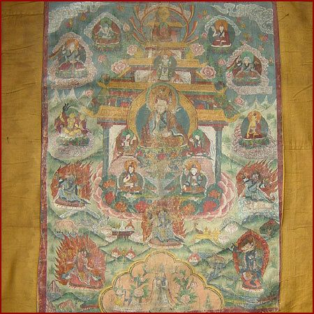 ANTIQUE 19THC THANKA GURU RIMPOCHE MANY DEITIES TIBET  