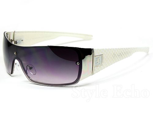 Checkered Pattern Logo Temple Khan Mens Shield Designer Sunglasses 