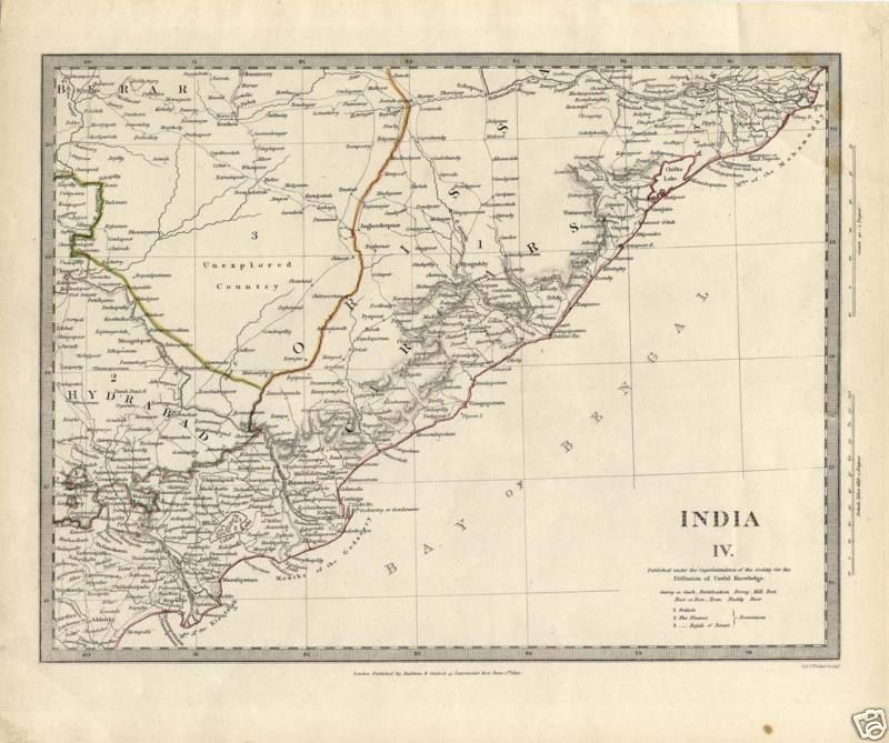 Rare 1832 SDUK Map of INDIA Orissa, AP, Chhattisgarh  