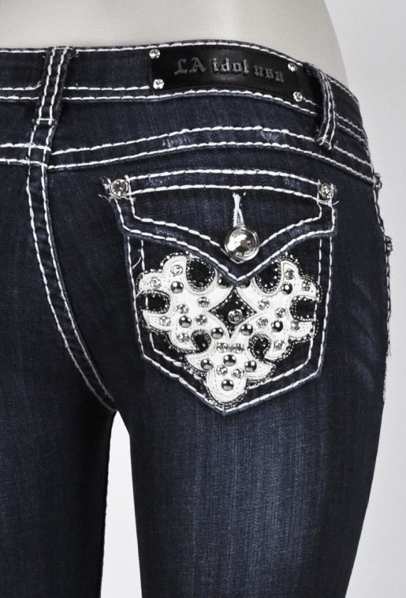 LA IDOL SKINNY JEANS WITH A WHITE FABRIC STUDDED DESIGN SZ 0 15 (779NR 