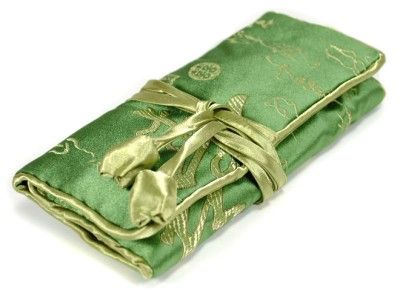 SILK JEWELRY TRAVEL BAG Roll Case Pouch Carrying Brocade Fabric Green 