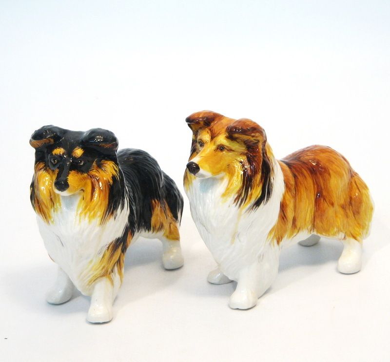 CRAFT SALT PEPPER ROUGH COLLIE HAND PAINT DOG FIGURINES  