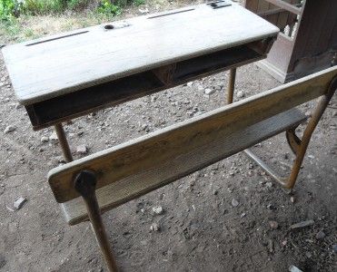 ANTIQUE OAK CHILDS DOUBLE SCHOOL DESKS FOR RESTORATION  