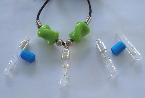 Name on Rice Necklace Flower Vial & green or teal beads  