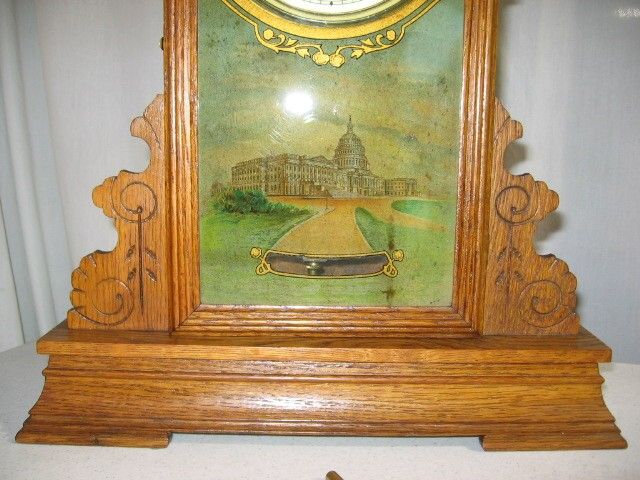 OAK NEW HAVEN KITCHEN CLOCK W/REVERSE PAINTED SCENE  