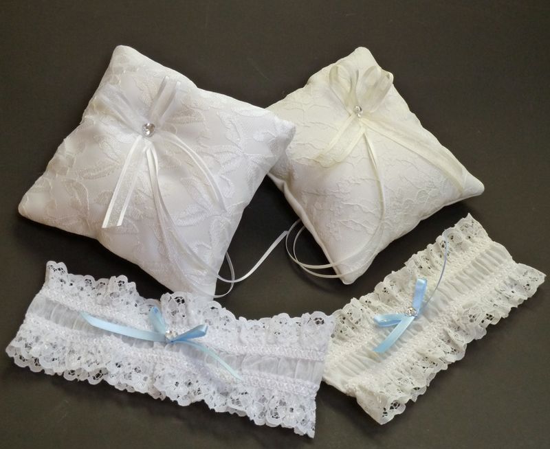 Elegant satin & lace wedding ring cushion & garter set wedding ring 