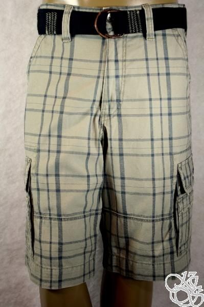   Cargo Sits Below Waist Relaxed Fit Olive Plaid Mens Shorts New  