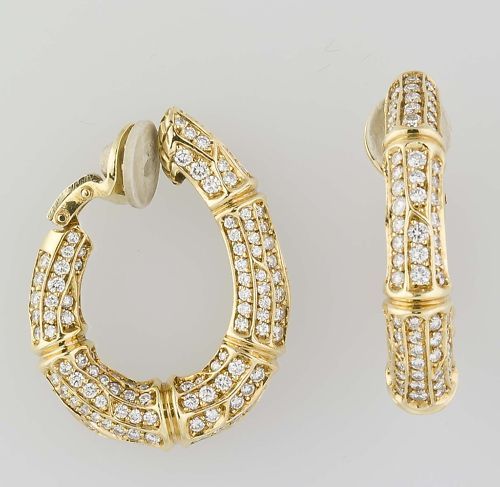 CARTIER 18K Gold Diamond Bamboo Hoop Earrings Clips  