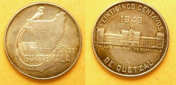 Guatemala Coins 25 Ct 1943(P) BU  