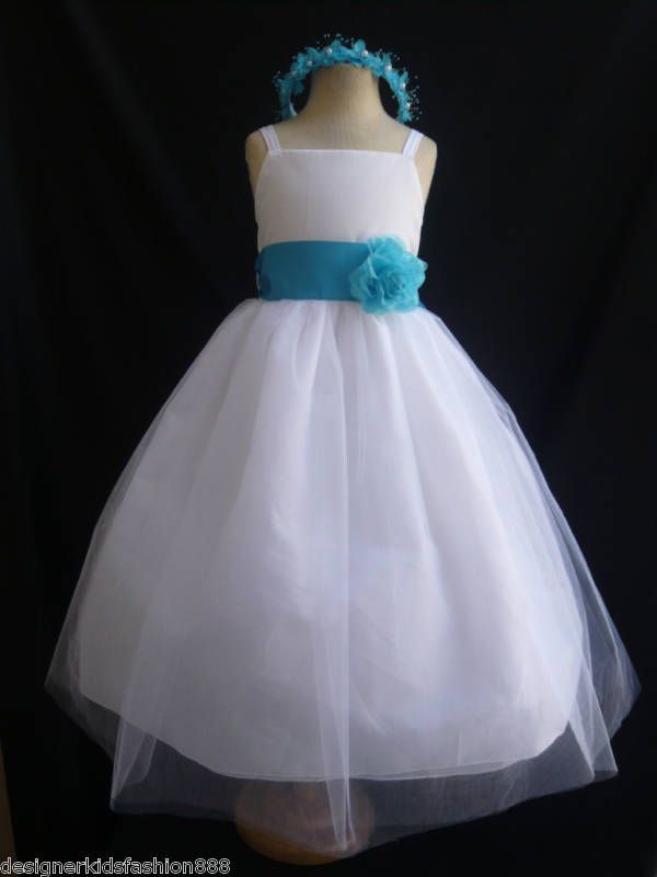 New White Turquoise Flower girl recital dress 2   12  