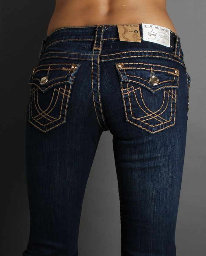 LA iDOL Crystal Big Stitch Dark Denim Bootcut Jean 0~21  